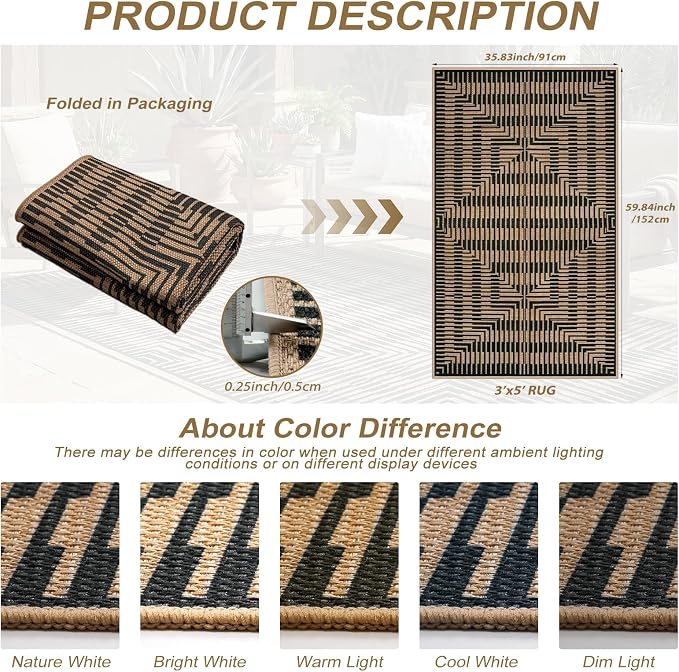 LIVEBOX Easy Jute 3x5 Outdoor Rug, Washable Non Slip Front Door Porch Rugs, Neutral Black Striped Accent Carpet Mat for Entryway, Mudroom (Black & Tan)