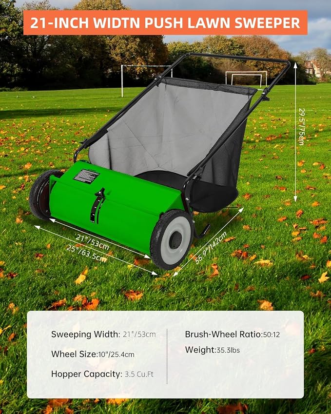 Garvee 21 Inch Push Lawn Sweeper, 3.5 Cu. Ft. Hopper Capacity Grass Sweeper, Manual Push Yard Sweeper with Height Adjustment & 4 Fast Spinning Brushes for Grass Clippings, Leaves & Debris, Green