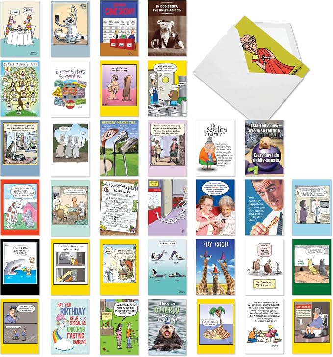 NobleWorks Variety Pack of 36 Funny Birthday Cards Assortment Dry Wit Adult Humor Style Edgy Adult Humor BDay Bulk Box Set Birthday Favorites Collection for Men AC2911BDG-B1x36