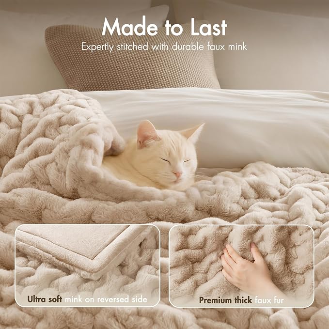 Madison Park Ruched Fur Throw Faux Fur Blanket for Sofa, 50" x 60", Tan | Luxury, Premium, Soft Cozy Brushed Long Pile, All Season Plush Modern OEKO- TEX Certification Warm For Bed, Couch or Sofa