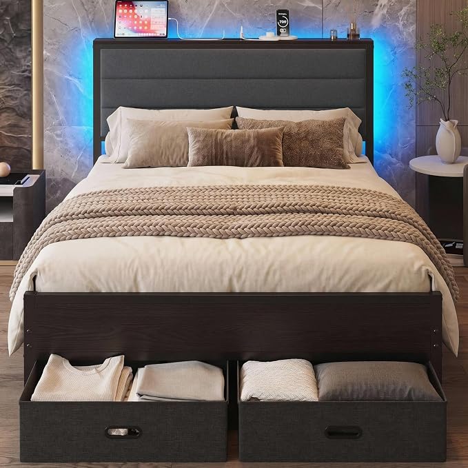 LIKIMIO Full Size Bed Frame with 2 Storage Drawers, Upholstered Headboard | Full Platform Bed Frame with Charging Station & LED Lights, Modern Style, Noise Free, No Box Spring Needed, Black and Grey