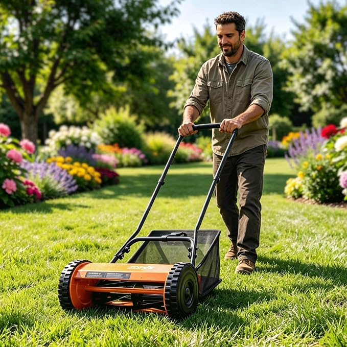 Zoryx 14-Inch 5-Blade Push Reel Lawn Mower, Manual Reel Walk Behind Mower with 5-Position Height Adjustment, Alloy Steel Blades, Quiet, Lightweight, Motorless for Small Yard