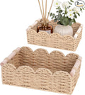 iEGrow Paper Rope Small Storage Baskets for Organizing, Set of 2 Scalloped Edge Wicker Basket with Wooden Handles Toilet Paper Basket for Over Toilet Storage Shelf, Home Decor, Living Room (Beige)