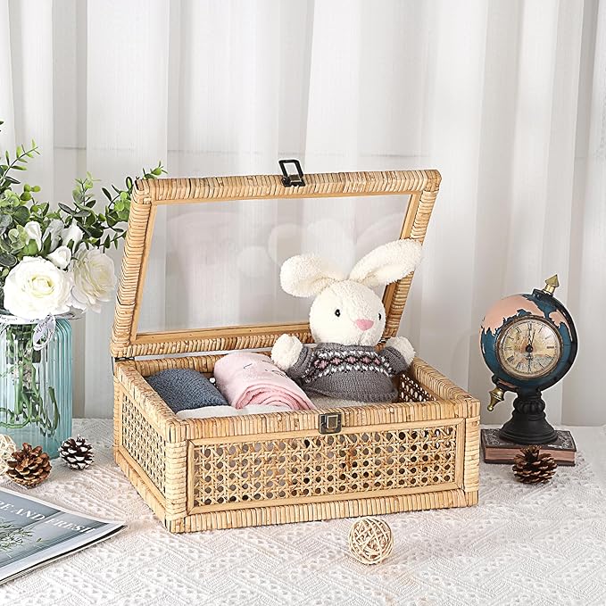 Hipiwe Vintage Decorative Box with Clear Lid Rattan and Wood Display Boxes | Handcrafted Shelf Basket Bin Large Wicker Storage Basket Rectangular Keepsakes Box for Bathroom Home Decor, 14x10x5.7 inch