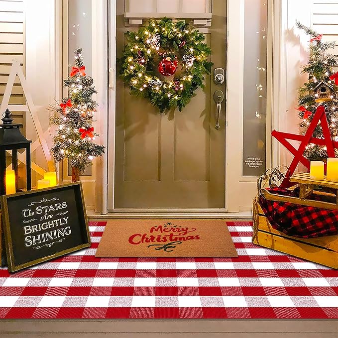 Christmas Red and White Plaid Rug, 4' x 6' Cotton Hand-Woven Layered Door Mat for Front Porch, Entryway, Outdoor Holiday Decor, Washable Buffalo Check Rug for Home, Patio, Kitchen