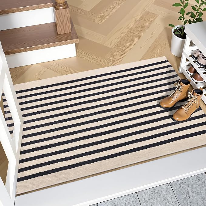 OLANLY Beige and Black Striped Rug 2' x 3' (24" x 36") – Washable Cotton Doormat for Indoor Outdoor Use, Layered Front Porch Rug for Entryway, Kitchen, Patio