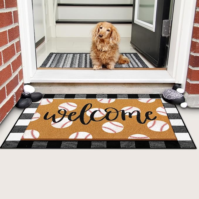 Tinideya 2 Pcs Door Mat Welcome Non Slip Coir Mats Floor Layering Doormats Seasonal for Front Porch Entryway Decor(Baseball)