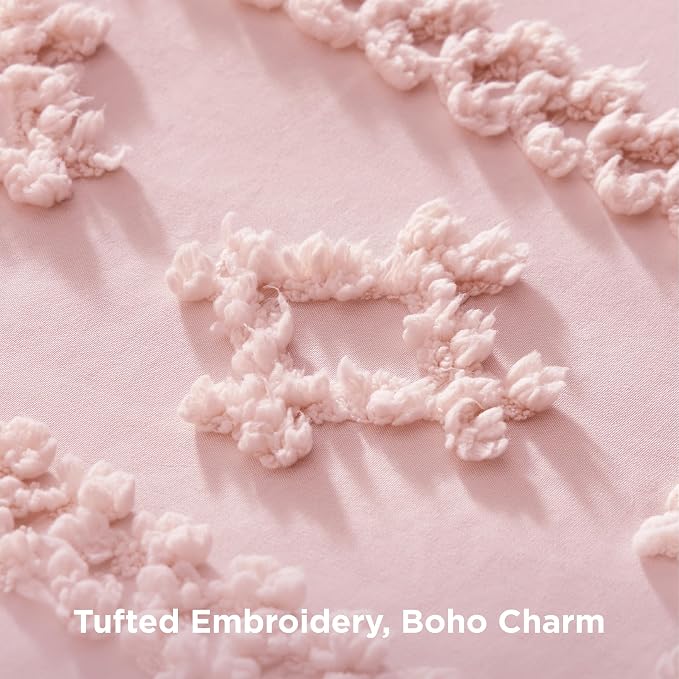 Bedsure Tufted Boho Comforter Set King Size - Pink Boho Bed Set, GentleSoft™ 3 Pieces Farmhouse-Style Embroidery Bedding, Gifts for Woman, Soft Jacquard Kids' King Comforter for All Seasons