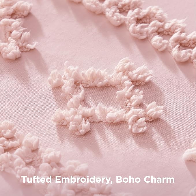 Bedsure Tufted Boho Comforter Set Queen Size - Pink Boho Bed Set, GentleSoft™ 3 Pieces Farmhouse-Style Embroidery Bedding, Gifts for Woman, Soft Jacquard Kids' Queen Comforter for All Seasons