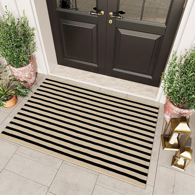OJIA Washable Outdoor Rug 3'x5' Black and Tan Striped Porch Rug Patio Rugs | Entryway Rugs Indoor Front Door Mat Outside Entrance Cotton Floor Carpet for Entry/Living Room/Balcony/Deck Outdoor Decor
