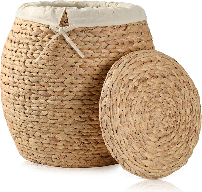 Storage Standard Wicker Basket with Lid Decorative Storage - Large Blanket Basket for Living Room, Plants, Organization, Handwoven Water Hyacinth Material w/Removable Cotton Liner & Tall Round Design