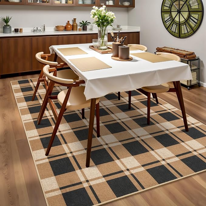 AROGAN Checkered Jute 6x9 Area Rugs, Washable Outdoor Patio Rug for Living Room Entrance Indoor Outdoor Carpet, Farmhouse Design Neutral Geometric Rugs for Front Porch Mat Dining Room