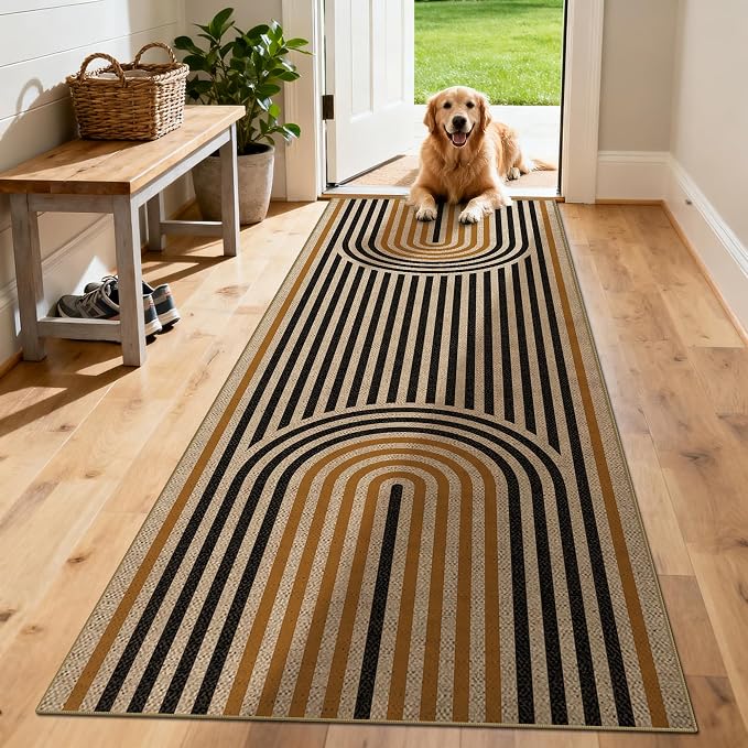 Washable Rainbow Easy Jute Runner Rug 2x6, Neutral Modern Boho Geometric Outdoor Indoor Patio Area Rug, Woven Non Slip Thin Long Runner Carpet Mat for Hallway Kitchen Entryway Porch Farmhouse