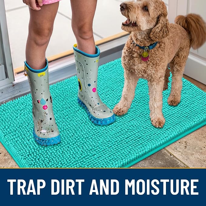 Smiry Dog Door Mat for Muddy Paws 70x24, Absorbent Dirt Trapper, Non-Slip Washable Chenille Entryway Rug for Inside Floor, Teal, Classic Solid