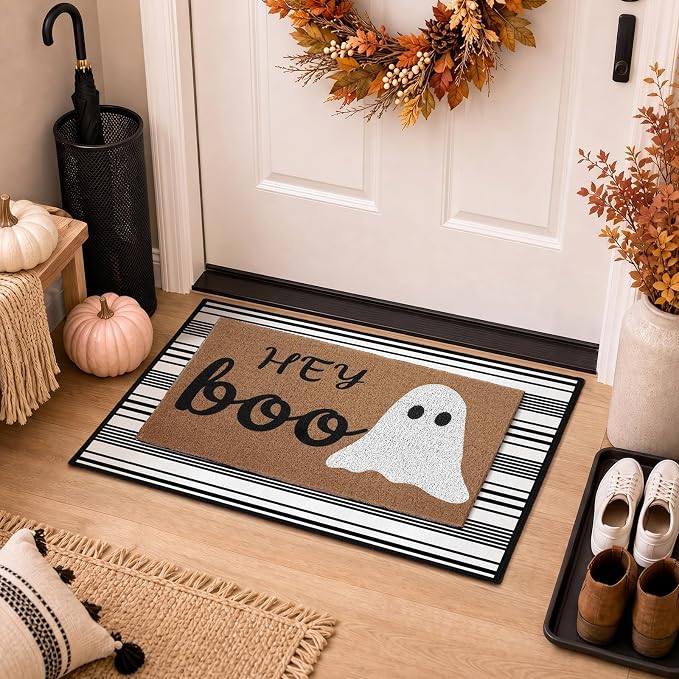 2 Pcs Hey Boo Ghost Halloween Doormats, 16 x 24 in Hey Boo Ghost Door Mat and 24 x 32 in Black White Striped Layering Rug, Fall Porch Decor for Indoor Outdoor Entryway Patio Kitchen Bathroom