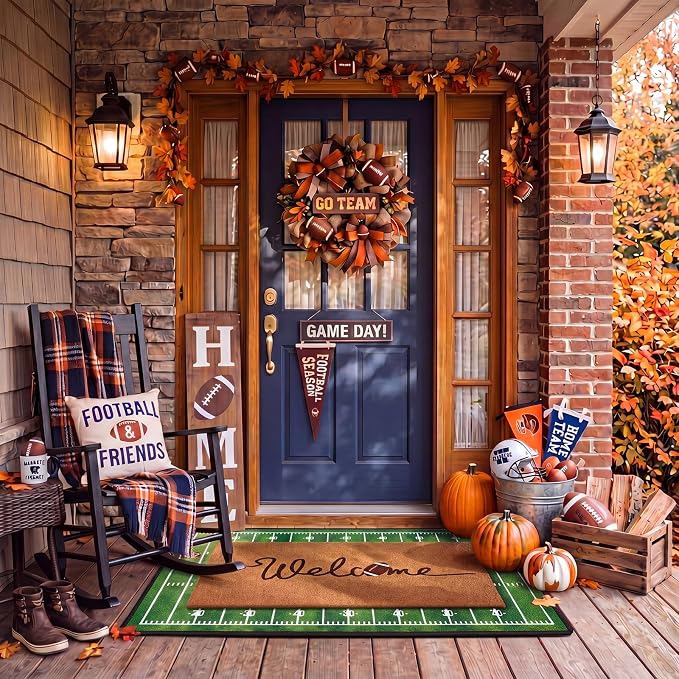 Moucuny 2 Pcs Football Doormat Outdoor, Welcome Coir Football Mat 16 x 28, Layered Green Decor Field Rugs 24 x 35, Non-Slip Sports Front Door Porch Entryway Decor for Man Cave, Game Day, Home Gym