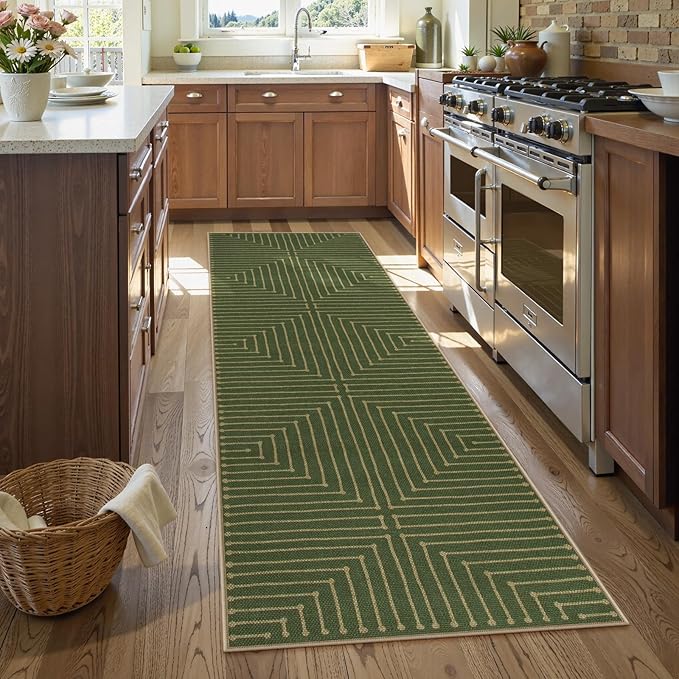 Lahome Green Runner Rug, 2x8 Washable Runner Rug for Kitchen Hallway | Farmhouse Rhombus Low Pile Non Shedding Indoor Outdoor Carpet for Entryway Laundry Room