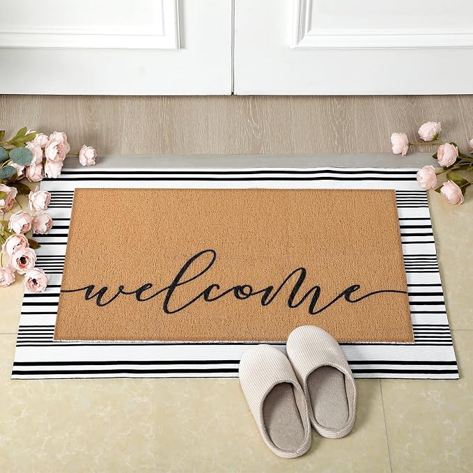 Tinideya 2 Pcs Door Mat Welcome Non Slip Coir Mats Floor Layering Doormats Seasonal for Front Porch Entryway Decor(Welcome)