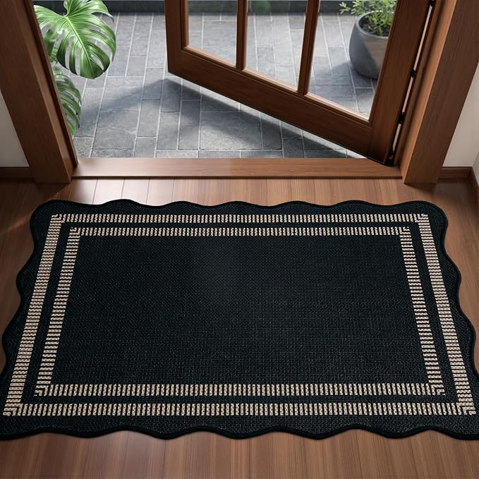 EDIMENS Easy Jute Rug Entryway Rug, 2x3 Front Door Mat Small Entryway Non-Slip Washable Area Rug, Low Pile Black Indoor Outdoor Farmhouse Scalloped Doormat for Entrance Entry Porch Doorway