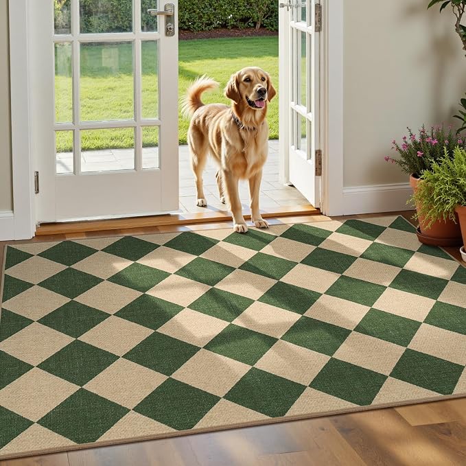 Lessymo Checkered 3x5 Outdoor Patio Rug, Washable Easy Jute for Entryway | Indoor Outdoor Living Room Carpet, Farmhouse Non Slip Door Mat for Backyard Bedroom, Kid Pet Friendly, Diamond Green/Beige