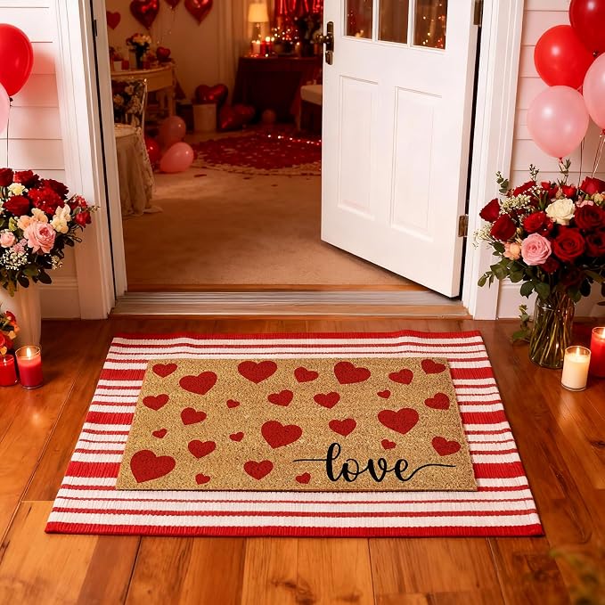 Moucuny 2 Pcs Valentine's Day Coir Welcome Doormat Outdoor Valentine's Day Love Heart Rug Layered Red and White Stripe Mat Red Heart Mat for Front Porch Outdoor Entryway