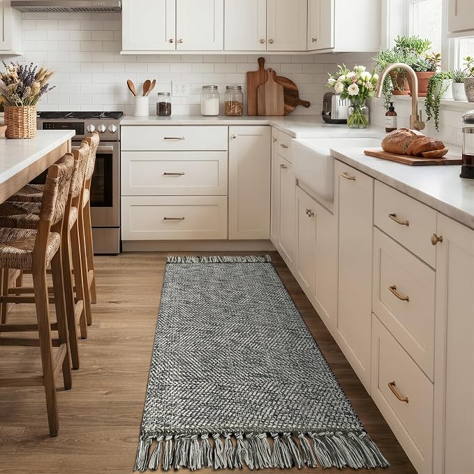 Collive Bathroom Runner Rug, 2' x 5' Modern Farmhouse Kitchen Runner Rug Hand-Woven Entryway Rugs Runners for Hallway, Gray Boho Washable Laundry Carpet Indoor Front Door Mat for Bedroom Decor