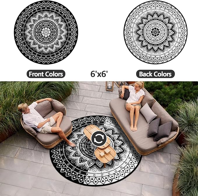 Round Outdoor Rugs for Patios, 6Ft Waterproof Reversible Plastic Straw Mat with Carry Bags, Boho Lightweight Outdoor Carpet Portable Round Floor Mat for Patio Camping Picnic Backyard RV,Black & White