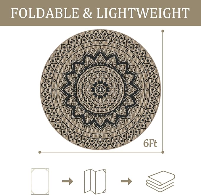 Faux Jute Outdoor Round Rug, 6ft Washable Indoor Outdoor Patio Rug, Black Non Slip Round Area Rug Farmhouse, Boho Carpet for Backyard Patio