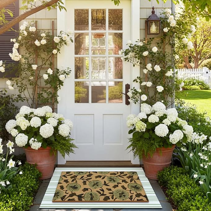 Tinideya 2 Pcs Floral Door Mat Flower Welcome Non Slip Coir Mats Floor Layering Green and White Stripe Summer Doormats Seasonal for Front Porch Entryway Decor(Floral)