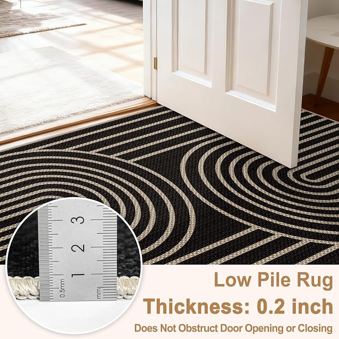 Faux Jute Rugs for Entryway, 3' x 5' Indoor Outdoor Rug, Black Farmhouse Washable Ultra-Thin Non-Slip Area Rug for Foyer, Backdoor, Living Room, Kitchen, Bedroom, Balcony