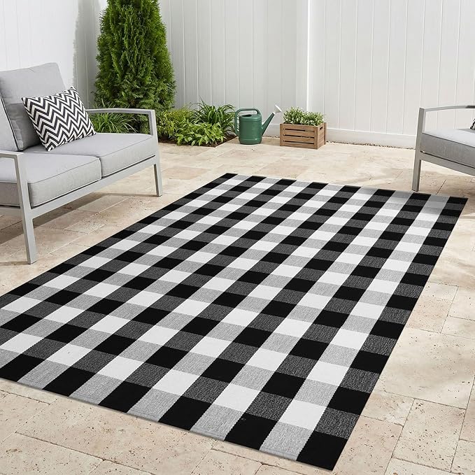 KILOCOCO Buffalo Plaid Checkered Rug 5x7 ft Black White Living Room Rug | Machine Washable Rug for Front Porch, Indoor Outdoor Rugs, Cotton Dining Room Carpet, Low Pile Farmhouse Bedroom Rug