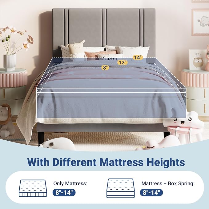 Allewie Twin Size Platform Bed Frame with Adjustable Headboard | Plush Velvet Upholstered, Vertical Channel Tufted, Sturdy Wood Slats, No Box Spring Needed, Easy Assembly, Grey