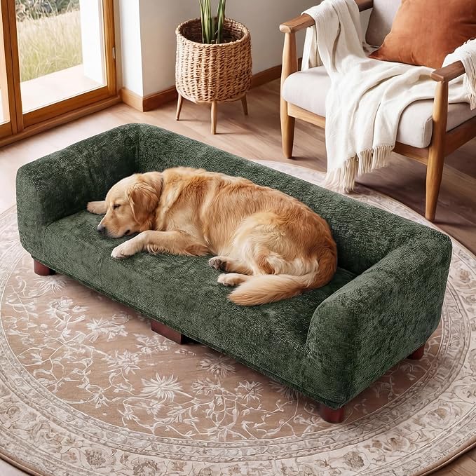 Dog Couch Sofa for Large & Extra Large Dogs, Elevated Pet Bed with Legs, Button Tufted Chenille Dog Couch with Backrest and Armrests, Modern Indoor Dog Furniture (Green, XL - 47" x 24" x 15")