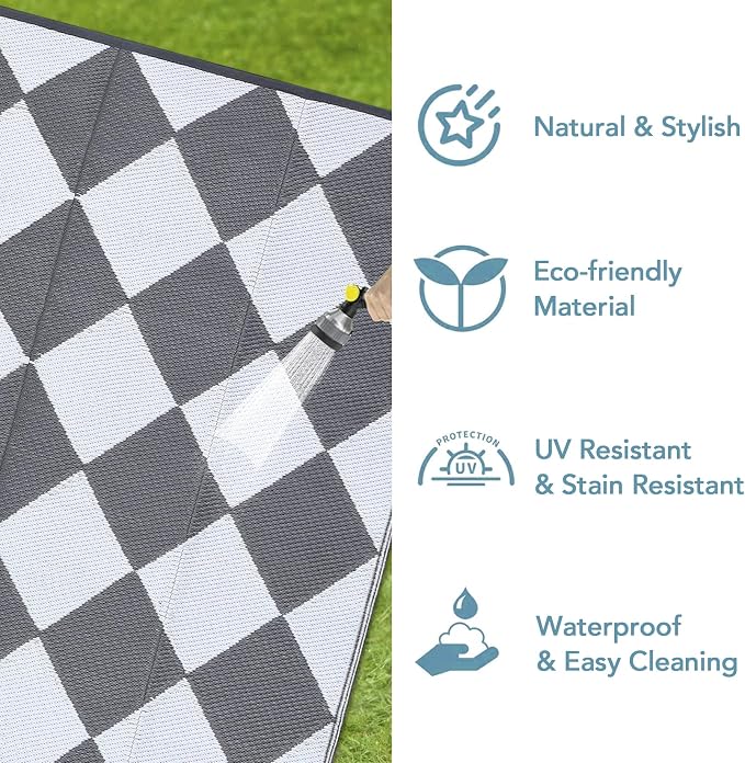 GarveeLife 8x10 Outdoor Rug for Patio Reversible, Plastic Straw Rug Waterproof Camping Rug Portable, Foldable Lightweight Mat for RV, Patio, Backyard, Deck, Picnic, Beach (Grey/White)