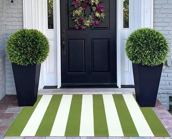 Green and White Layered Doormat 2.3'x3.6,Machine Washable Porch Rug Cotton Woven Striped Farmhouse Small Area Rug for Porch/Home Entrace Decor/Bedroom/Layered Door Mats