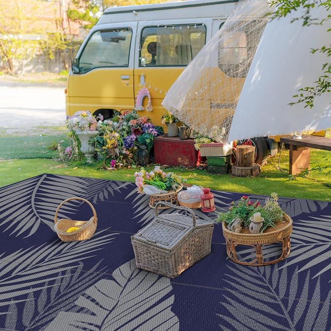 GENIMO Outdoor Rug, Waterproof Plastic Rugs 10'x14' for Camping Blue Grey | Outside Larger Leaf Carpet Mat for Porch Decor, Deck, Camping, RV, Backyard, Balcony, Picnic, Beach, Reversible, Foldable