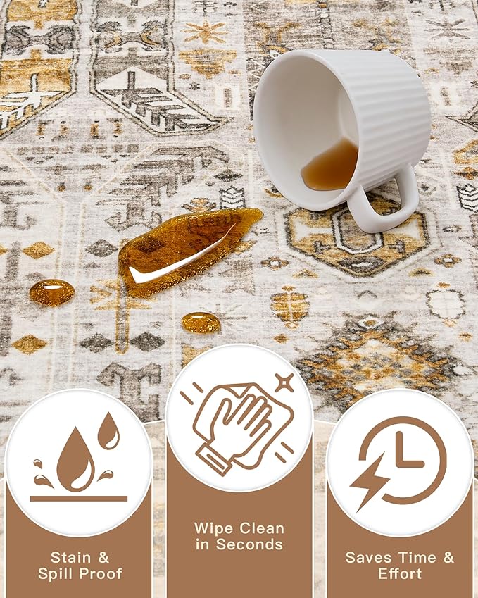 Madane Runner Rug 2x8, Washable Hallway Runner Rugs, Non-Slip Low-Pile Soft Kitchen Rug Runner Laundry Room Rug, Vintage Throw Entry Foyer Mat for Entrance Living Room (Brown/Gold, 2 x 8)