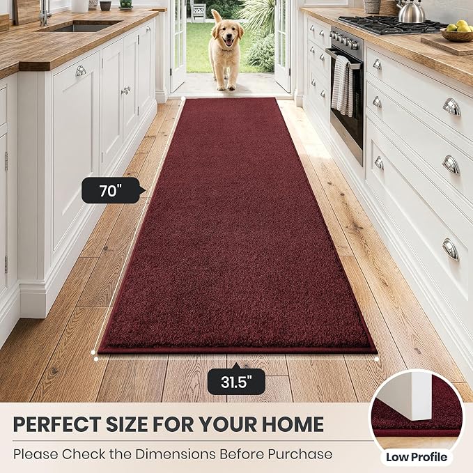 PURRUGS Dirt Trapping Door Mat 31.5" x 70", Non-Slip Machine Washable Entryway Rug, Dog Doormat, Indoor Front Door Mat, Super Absorbent Entry Rug for Muddy Shoes & Paws, Burgundy Red