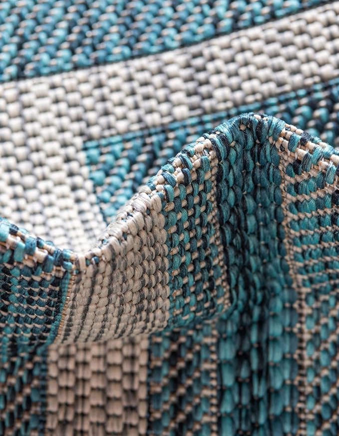 Unique Loom Outdoor Border Collection Area Rug - Soft Border (13' Square, Teal/ Ivory)