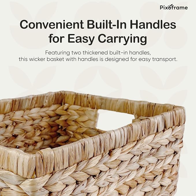 Large Handwoven Water Hyacinth Storage Wicker Basket with 2 Handles - Brown | Handcrafted Rectangular Organizer, Sturdy Iron Frame, Ideal for Towels, Blankets, Shelves & Décor - 16.5"x13"x7.50"