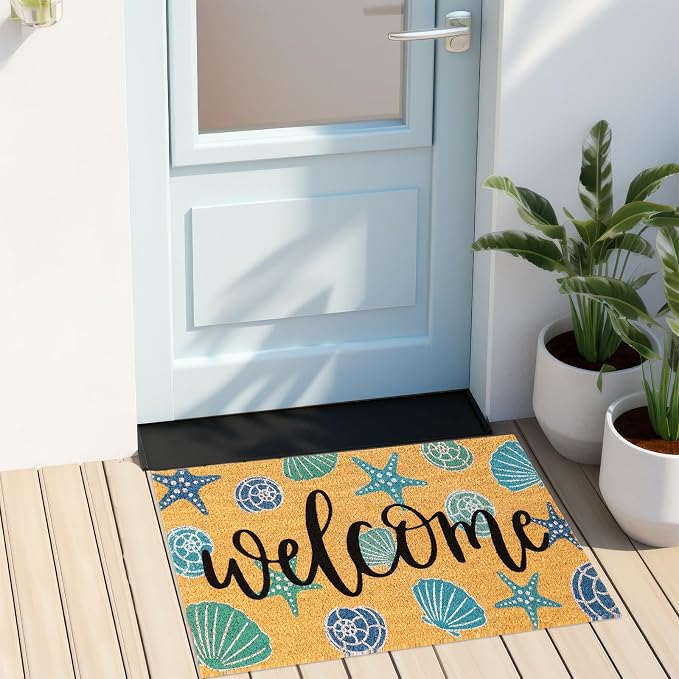 JarThenaAMCS Seashell Natural Coir Door Mat Aqua Blue Beach Theme Welcome Floor Mat Non-Slip Entrance Door Rugs for Summer Indoor Outdoor Home Bathroom Decor, 16.5 x 29 Inch