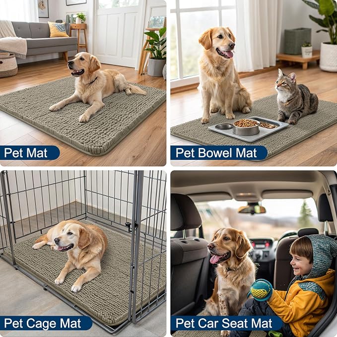 Smiry Dog Door Mat for Muddy Paws 30x20, Absorbent Dirt Trapper, Non-Slip Washable Chenille Entryway Rug for Inside Floor, Warm Taupe, Classic Solid