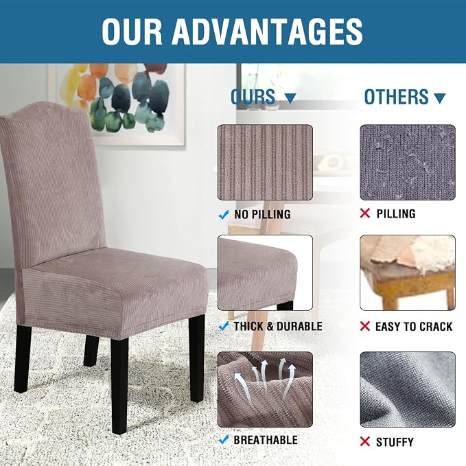 H.VERSAILTEX Velvet Dining Chair Covers Stretch Chair Covers for Dining Room Set of 6 Parson Chair Slipcovers Chair Protectors Covers Dining, Soft Thick Solid Velvet Fabric Washable, Taupe Striped