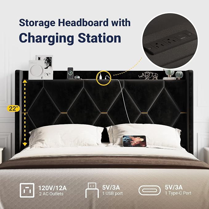 Allewie Full Size Bed Frame with Storage Headboard & Charging Station | Diamond Tufted Design & Gold Trim, Velvet Upholstered Platform Bed, No Box Spring Needed, Easy Assembly, Noise-Free, Black