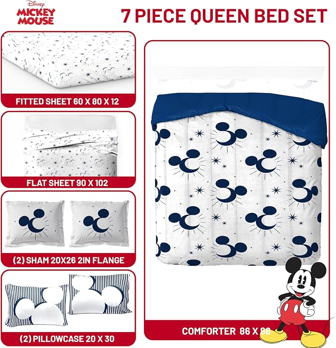 Disney Mickey Mouse Queen Comforter Set 7 Piece Celestial Bedding, White | Bed in a Bag, Comforter Sheets Shams Pillowcases, Official Product, Soft Microfiber, Machine Washable, Easy Care