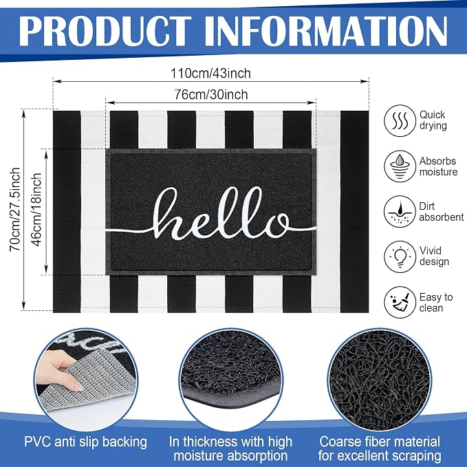 Geelin 2 Pcs 30'' x 18'' Doormat 43'' x 27.5'' Black and White Layered Rug for Front Door Mat Outside Entrance Welcome Door Mats for Indoor Outdoor Entryway Porch Decor(Stripe Hello)
