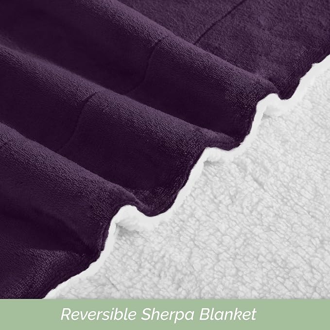 Elegant Comfort Ultra Soft Reversible Flannel Sherpa Blanket - Cozy Silky Fleece Throw for Couch, Bed - Plush Fuzzy Warm Winter Blanket for Gift, Queen, Purple