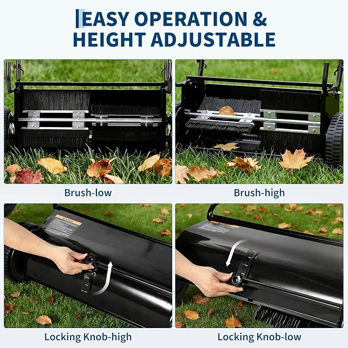 Steel 26 Inch Push Lawn Sweeper with 7 Cu ft Hopper Bag | Walk Behind Heavy Duty Leaf Collector and Yard Sweeper, Adjustable Brush Height for Patio Driveway & Garden Grass