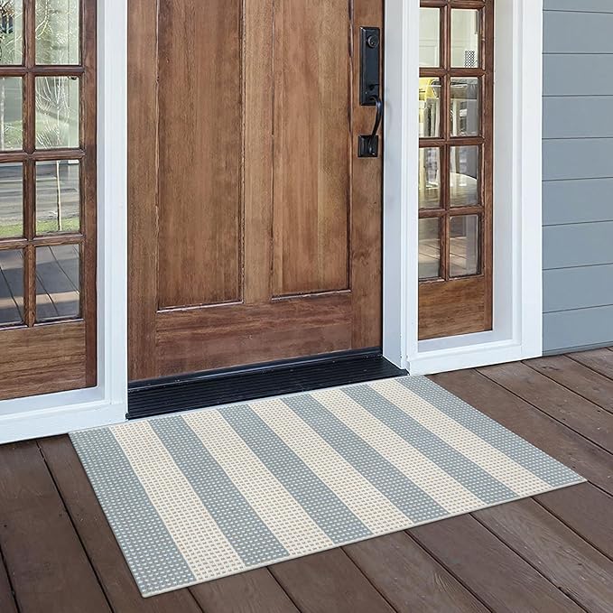 LEEVAN Door Mat Outdoor Entrance 2x3, Washable Striped Front Porch Rug, Blue and White Buffalo Welcome Mat, Spring Outside Entryway Rugs, Cotton Woven Indoor Outdoor Layered Doormats | Woven Front Porch Rug, Dusty Blue and White Welcome Door Mat, Sprin...