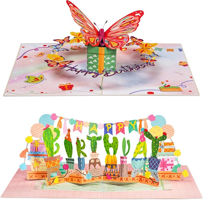Paper Love Birthday Pop Up Cards 2 Pack - Includes 1 Birthday Butterfly and 1 Happy Birthday Cactus, For Adults or Kids -5" x 7" Cover - Includes Envelope and Note Tag